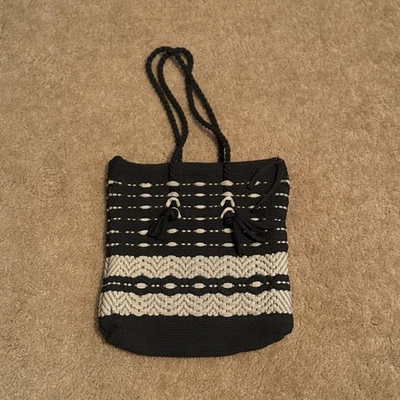 Woven Stripe Straw Tote Bag Natural/Black Stripe Rope Handles - Image 1 of 4