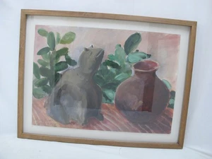 SHIRLEY GITTELSOHN signiert HUND und KAKTUS Keramik Stillleben Acrylgemälde - Bild 1 von 6
