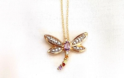 Collar libélula de varias piedras preciosas de plata de ley oro vermeil 18 " Foto 1 de 4