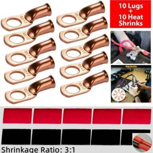 (10) 6AWG Gauge Copper Ring Terminals 3/8" RED/BLACK Heat Shrink Tubing LUGS - Picture 1 of 6