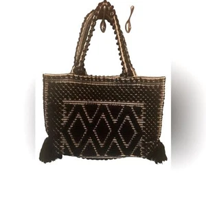Sole Society Palisades Woven Tote W/Tassels Textured Geometric Shape Large 20X13 - Picture 1 of 7