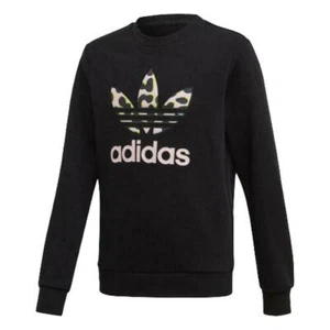 adidas Originals Girl's Leopard Crew Terry Fleece Sweatshirt Black Small - Picture 1 of 9