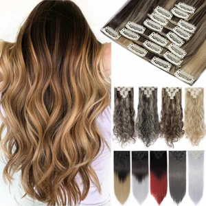 Long 8Pcs Clip in Real Thick as Human Hair Extensions Full Head Dark Ombre US YT - Picture 1 of 55
