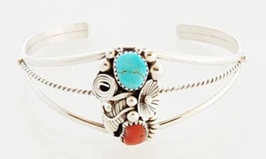 Navajo Handmade Sterling Silver with Turquoise and Coral Bracelet - Picture 1 of 3