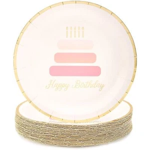 48-Pack Pink Happy Birthday Paper Plates 9 in - Picture 1 of 4