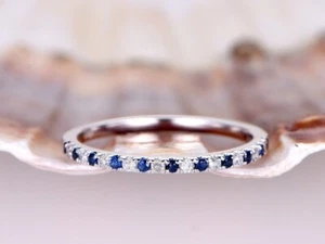 0.45 Ct Round Real Sapphire & Diamond Engagement Eternity Band 14K White Gold - Picture 1 of 11