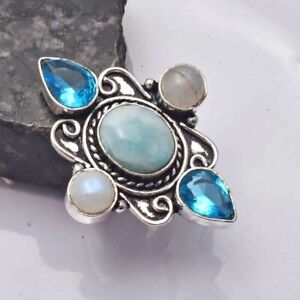 Larimar Blue Topaz Ethnic Handmade Ring Jewelry US Size-8 AR 29803