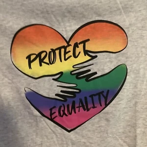 Gay Pride Protect Equality Rainbow Heart T-shirt NWT Size Small Color Gray - Picture 1 of 4