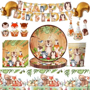 Woodland Animals Party Supplies Disposable Tableware Tablecloth Happy Birthday B - Picture 1 of 31