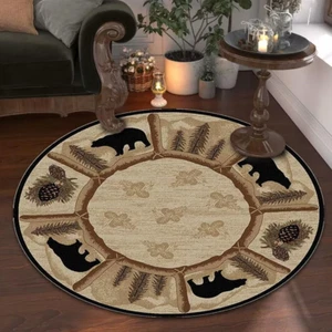 Rustic Lodge round Area Rug for Entrance Kitchen Pine Tree Print Carpet Bear Cab - Picture 1 of 6