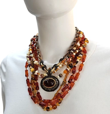 Juego de (4) collares con cuentas de topacio collar de latón lucita ámbar coñac ojo de tigre Foto 1 de 4