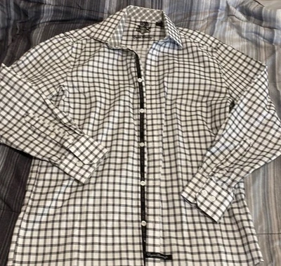 英式洗衣衬衫男式 16 34/35 黑色/白色条纹纽扣长袖 — 第 1/4 张图片