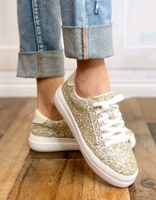 Corkys Hey Girl Gold Glitter Glaring Chunky Raised Athletic Sneakers Sz 9 NEW - Image 1 of 4