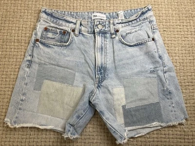 Pantalones cortos de mezclilla ZARA para mujer con retazos lavado ligero tiro alto desgastados talla 8 Foto 1 de 4