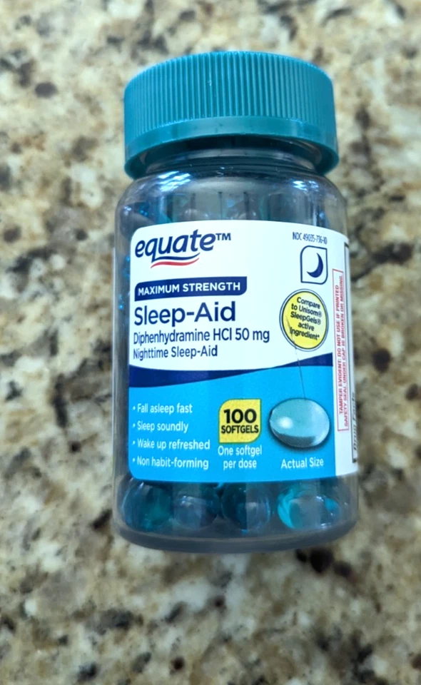 EQUATE MAXIMUM Strength Sleep Aid Diphenhydramine 50 MG 100 Soft Gels