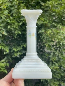 Antique Opalescent Beaded Pillar Column Pressed Glass Candlestick Holder - Picture 1 of 9