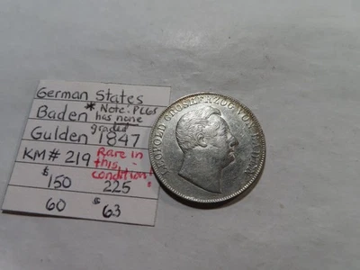 K89 Germany Baden 1847 Silver 1 Gulden RARE THIS NICE - Image 1 of 2