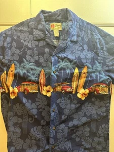Hilo Hattie Hawaiian Shirt Mens Large Blue Surf Woody Car Floral Cotton Hawaii - Picture 1 of 6