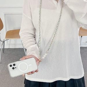 Korea Luxury Metal Pearl Leather Lanyard Necklace Straps Universal Mobile Phone - Photo 1/14