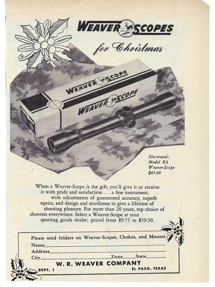 1952 Weaver Scopes for Christmas Gift Model K4 Fine Instrument Vintage Print Ad - Изображение 1 из 1