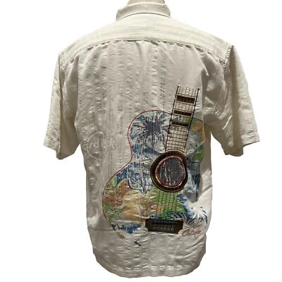 Hard Rock Cafe Hawaiian Shirt Mens L Ivory Embroidered Guitar Orlando FL Unique - Image 1 of 4