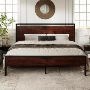 King Size Platform Bed Frame with Wooden Headboard and Footboard, Heavy Duty - Picture 1 of 9