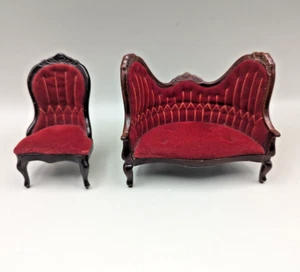 Vintage  Dollhouse MINIATURE VICTORIAN Red Velvet Sofa + Chair  - Picture 1 of 12