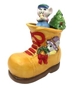 Jasco Christmas Music Box Animated Plays Deck The Halls Mouse Boot Bisque Gift 