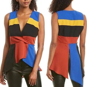 Blusa asimmetrica BCBGMaxAzria colore bloccato top senza maniche scollo a V taglia media - Foto 1 di 13