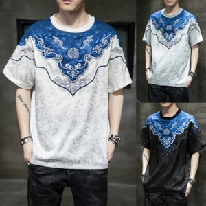 Mens Dragon Pattern Short Sleeve T-shirt Tops Tee Shirt Crew Neck Ethnic - Picture 1 of 14