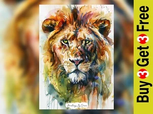 Majestic Lion Watercolor Wildlife Painting Print 5"x7" on Matte Paper - Picture 1 of 6