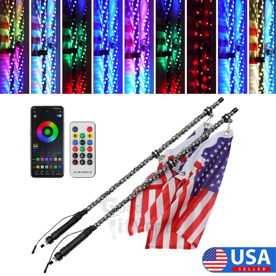 Pair 4ft RGB Spiral LED Whip Turn Signal Brake Light Antenna With Flag & Remote - Image 1 of 4