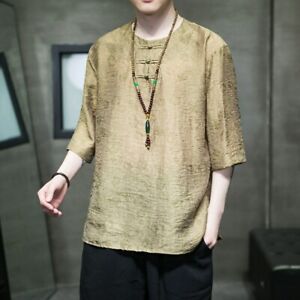 Ice Silk T-shirt Men's Short-sleeved Summer Chinese Style Button Jacquard Tops