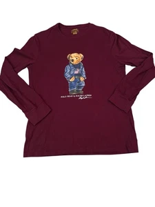 Polo Ralph Lauren Para Hombre Vino Borgoña Oso Gráfico Cuello Redondo Camiseta Suéter M - Imagen 1 de 15