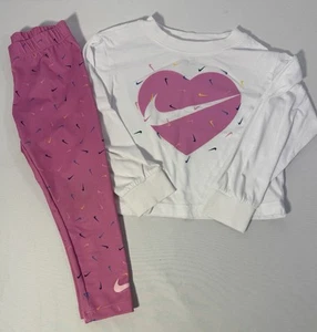 Nike Dri Fit Logo Set Heart Shirt Pink Legging Pants Long Sleeve Top Girls Sz 4 - Picture 1 of 14