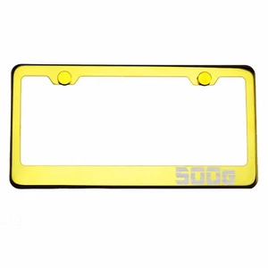Gold Chrome License Plate Frame 500e Laser Etched Metal Screw Cap - Foto 1 di 8