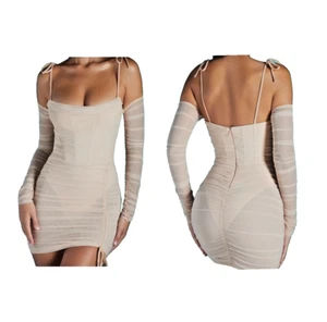 NEU Oh Polly Kleid Amiens Tie Mesh Minikleid sand Binde Korsett langarm Gr. 2 - Bild 1 von 14
