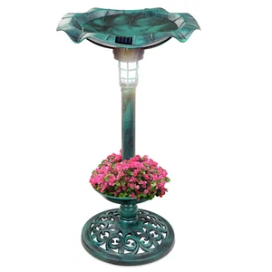 Solar Lighted Pedestal Birdbath With Planter Green Lightweight Garden Yard Decor - Picture 1 of 8