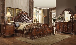SPECIAL - Traditional Cherry Oak Brown & Faux Leather Queen King Bedroom Set AAB - Picture 1 of 5