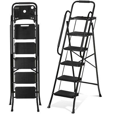 5 Step Ladder Folding Steel Step Stoo w/Non-Slip Wide Pedal and Tool Tray Black - Image 1 of 4