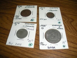 4 RARE VINTAGE GERMAN COINS THREE ONE AND 10 PFENNING AND ONE FIVE MARK - Picture 1 of 10