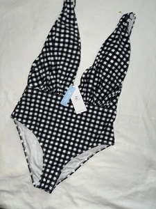 NWT CUPSHIE: One Piece Plunging Bathing Swimsuit: Black White Gingham Print, L - Picture 1 of 3
