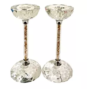 Oleg Cassini Crystal Glitter Gold Filled Stem Candlesticks Set Of 2 Signed 6.25" - Picture 1 of 10
