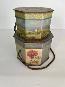 Set of 2 Decorative Brenda Walton Lined Floral Octagonal Storage Nesting Boxes - Picture 1 of 10