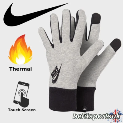 NIKE CLUB FLEECE GLOVES THERMAL WINTER WARM TOUCH SCREEN PHONE GREY BLACK S M