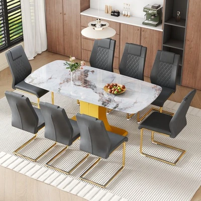 9 Pieces Dining Room Table Set 71 in Glass Faux Marble Kitchen Table 8 PU Chairs - Image 1 of 4