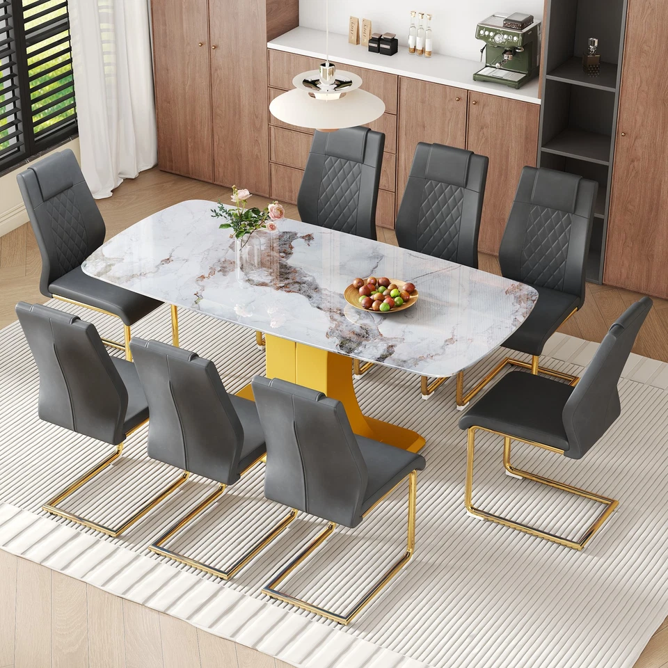 9 Pieces Dining Room Table Set 71 in Glass Faux Marble Kitchen Table 8 PU Chairs - Image 1 of 4