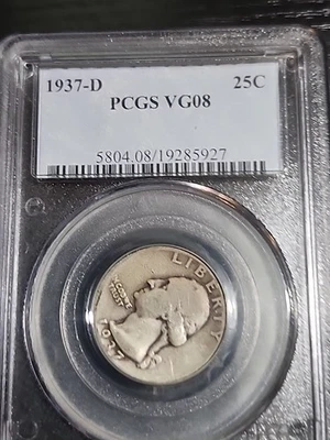1937-D WASHINGTON QUARTER GRADED PCGS VG08 Silver Free Shipping  - Image 1 of 2