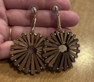 Earrings Wooden Gold Circular Post Earrings Jewlery Lightweight Boho Natural - Picture 1 of 3