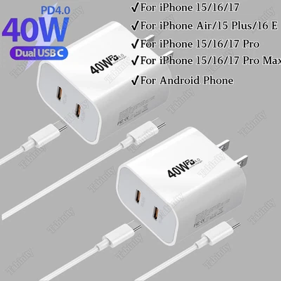 PD 40W Power Adapter Fast Charger USB-C Cord For iPhone Air 15 16 17 Pro Samsung - Image 1 of 4